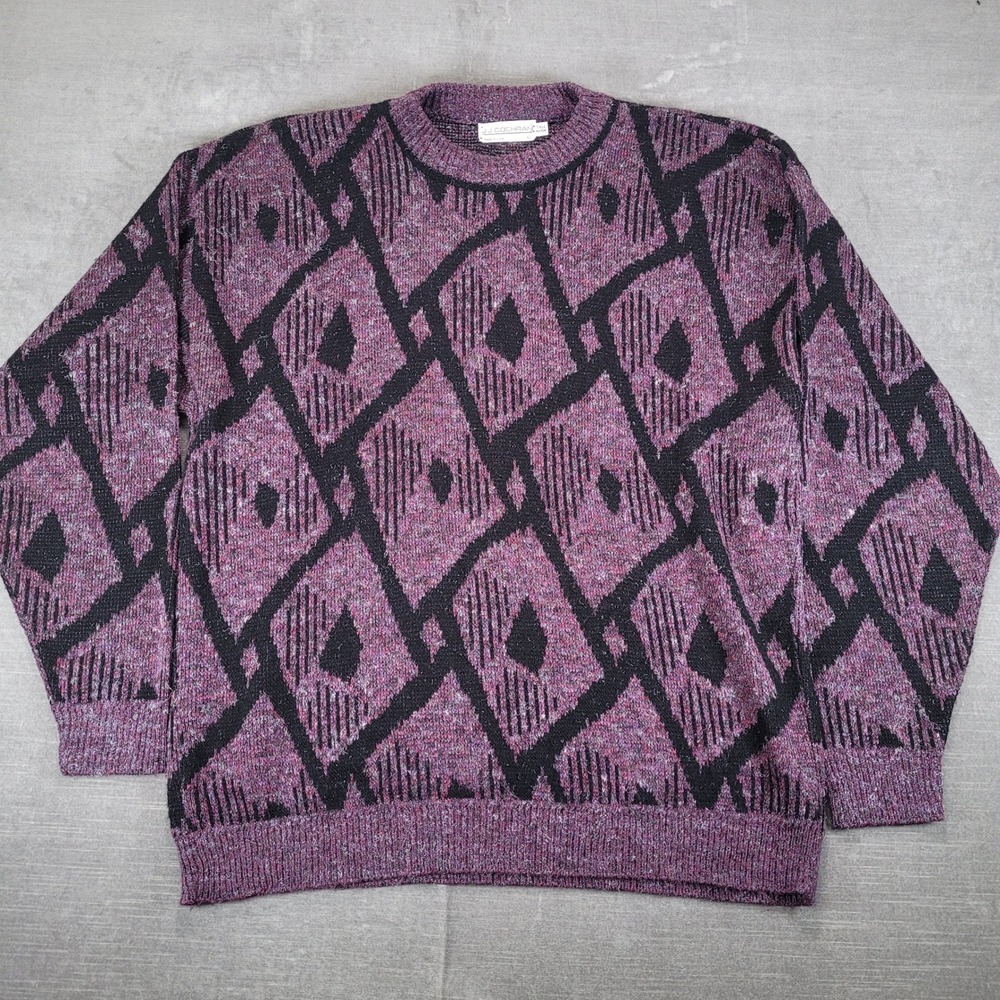 JJ Cochran Mens XL Tall Sweater Purple Black‎ Geometric Knit Vintage USA Made